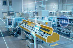 Modern industrial facility with yellow machinery, blue equipment, and digital performance metrics displayed as holographic overlays.
