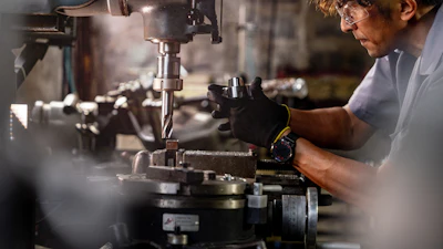 Skilled machinist operating precision metal cutting equipment in industrial workshop setting