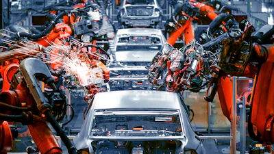 Robotic welding arms assembling white vehicles on an automotive manufacturing production line