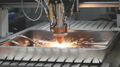 Industrial laser cutting machine creating bright sparks while cutting through metal sheet material