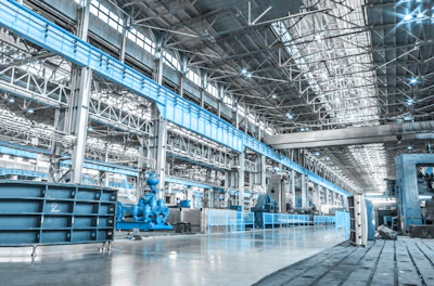 Spacious industrial factory floor with blue machinery, steel framework, and bright overhead lighting in a modern manufacturing facility