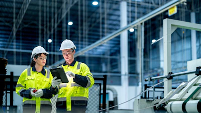 Two construction workers in hard hats and high-visibility vests review plans on a tablet at a modern building site.
