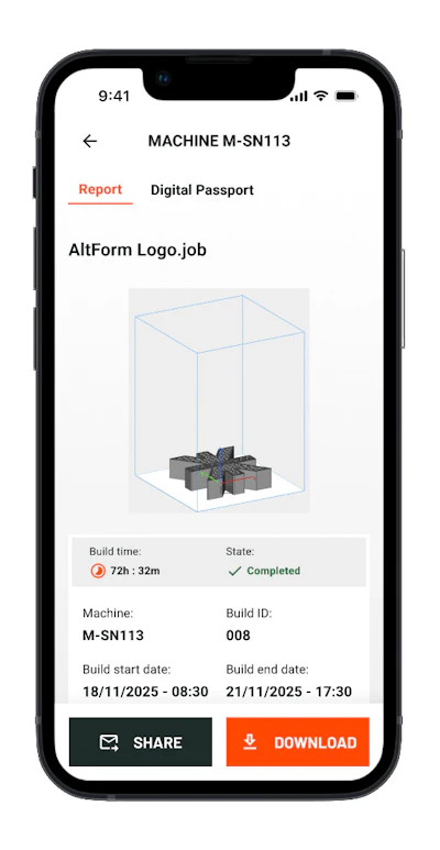 Mobile app screen showing 3D model build report for Machine M-SN113 with 72-hour build time and completion status
