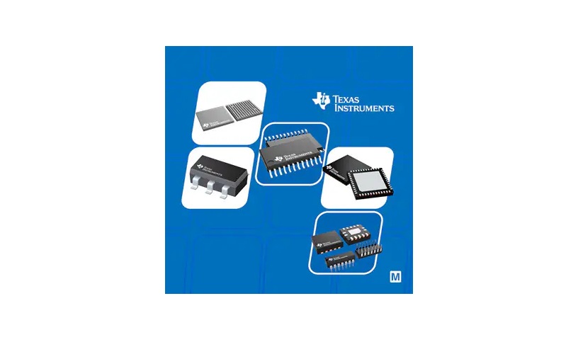 Texas Instruments semiconductor chips and integrated circuits product lineup displayed on blue background