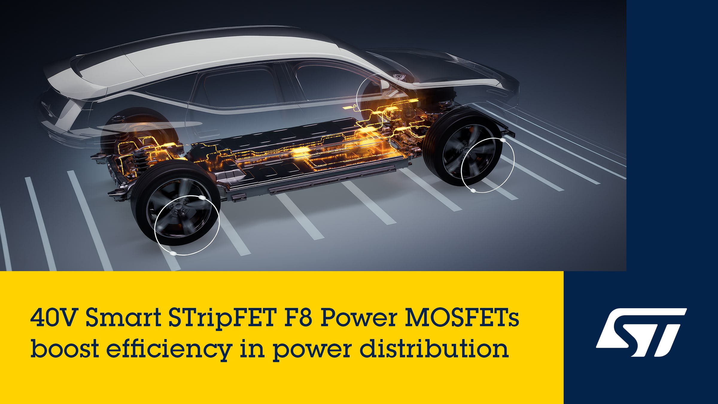 Electric vehicle powertrain cross-section with glowing components and STMicroelectronics logo showcasing 40V Smart STripFET F8 Power MOSFETs