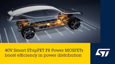 Electric vehicle powertrain cross-section with glowing components and STMicroelectronics logo showcasing 40V Smart STripFET F8 Power MOSFETs