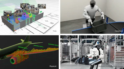 Composite of four robotics and simulation projects: 3D spatial mapping, humanoid robot task demonstration, physics simulation visualization, and hexapod robot in industrial environment.