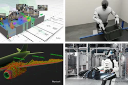Composite of four robotics and simulation projects: 3D spatial mapping, humanoid robot task demonstration, physics simulation visualization, and hexapod robot in industrial environment.