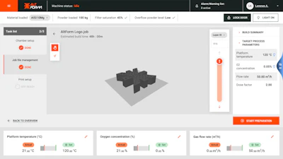 3D printing software interface displaying build preview, task list, and process parameters including temperature, powder concentration, and flow rate settings