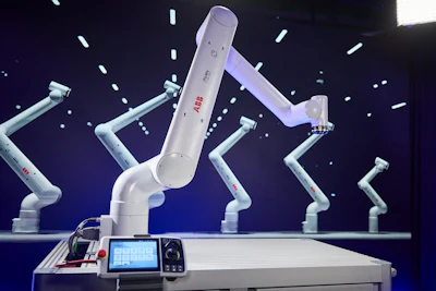 ABB collaborative robotic arm displayed at exhibition with multiple robots in background