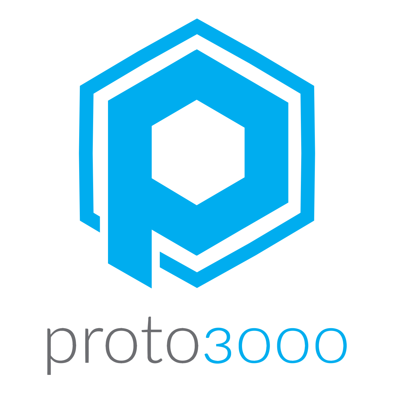 Proto3000 logo featuring blue concentric hexagons with white center and text wordmark