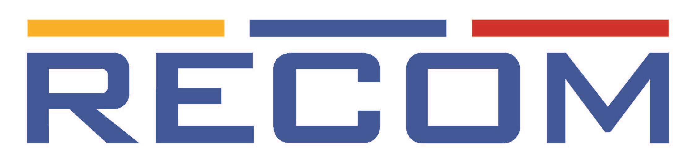 RECOM logo with gold, blue, and red horizontal bars above navy blue text
