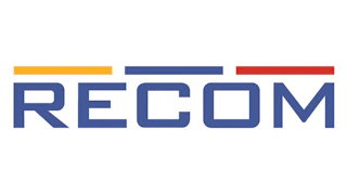 RECOM logo with gold, blue, and red horizontal bars above navy blue text