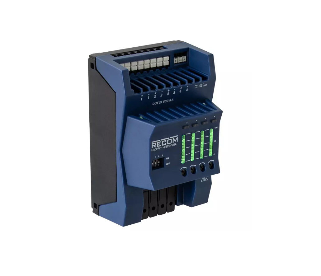 RECOM industrial power supply unit with blue casing, green LED indicators, and modular connector terminals