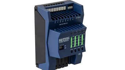 RECOM industrial power supply unit with blue casing, green LED indicators, and modular connector terminals