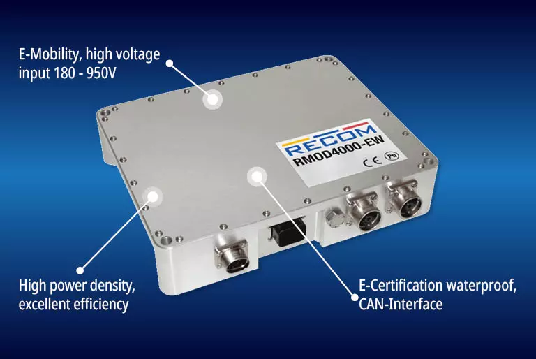 RECOM RMD4000 E-Mobility power converter with high voltage input 180-950V, waterproof CAN interface, and high power density