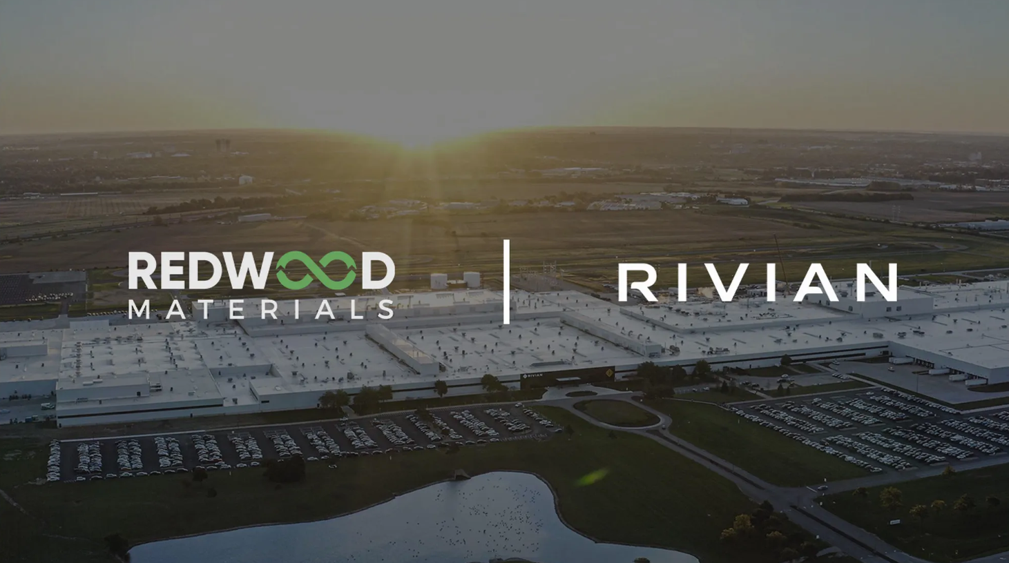 Redwood Materials and Rivian partnership announcement with aerial view of industrial facility and parking lot