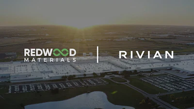 Redwood Materials and Rivian partnership announcement with aerial view of industrial facility and parking lot