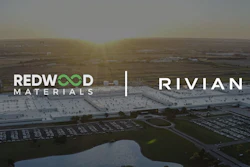 Redwood Materials and Rivian partnership announcement with aerial view of industrial facility and parking lot