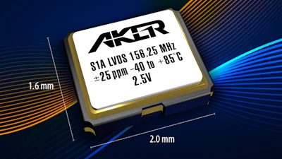 Aker STA LVDS 158.25 MHz oscillator component with 1.6mm height and 2.0mm width specifications
