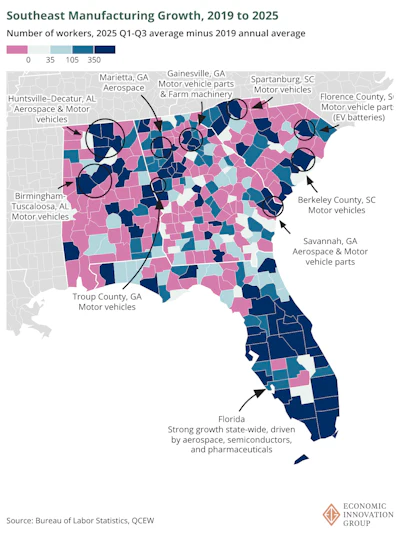 Southeast manufacturing growth map 2019-2025 showing worker changes by county, with motor vehicles and aerospace as key industries