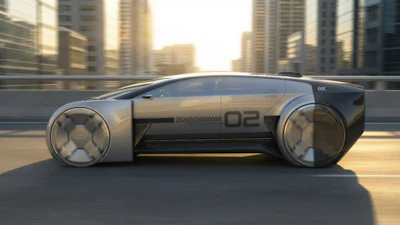 Futuristic silver concept car with '02' marking on urban highway with city skyline