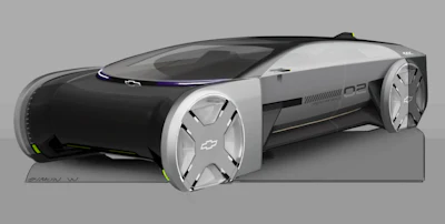 Chevrolet concept car design featuring futuristic styling with black and white exterior, distinctive wheel design, and sleek aerodynamic profile.