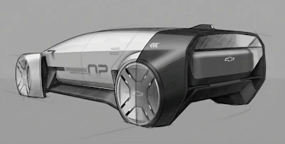 Futuristic Chevrolet concept vehicle sketch with angular design and open gull-wing doors in grayscale