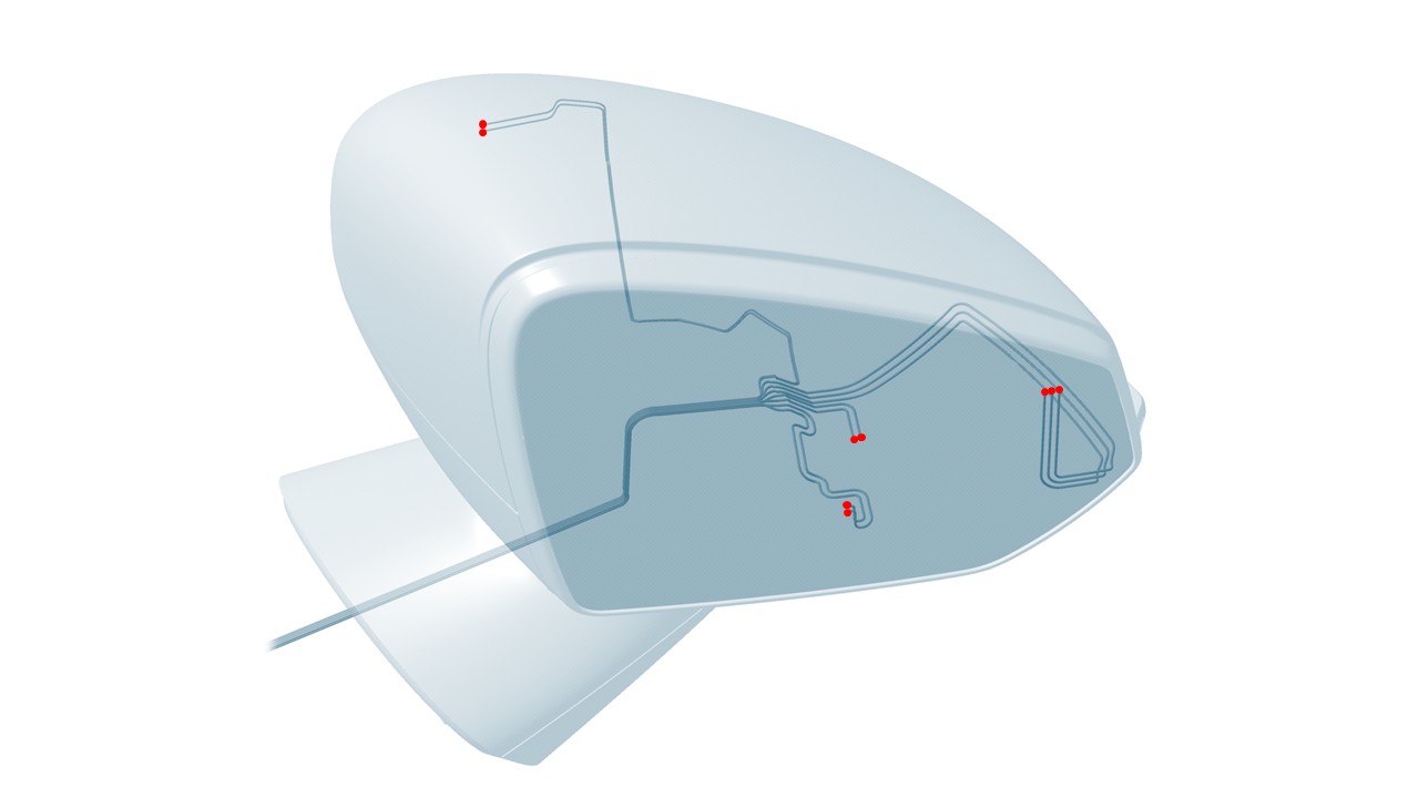 3D technical schematic of a white and blue translucent product component with internal structure and measurement points