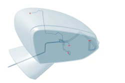 3D technical schematic of a white and blue translucent product component with internal structure and measurement points