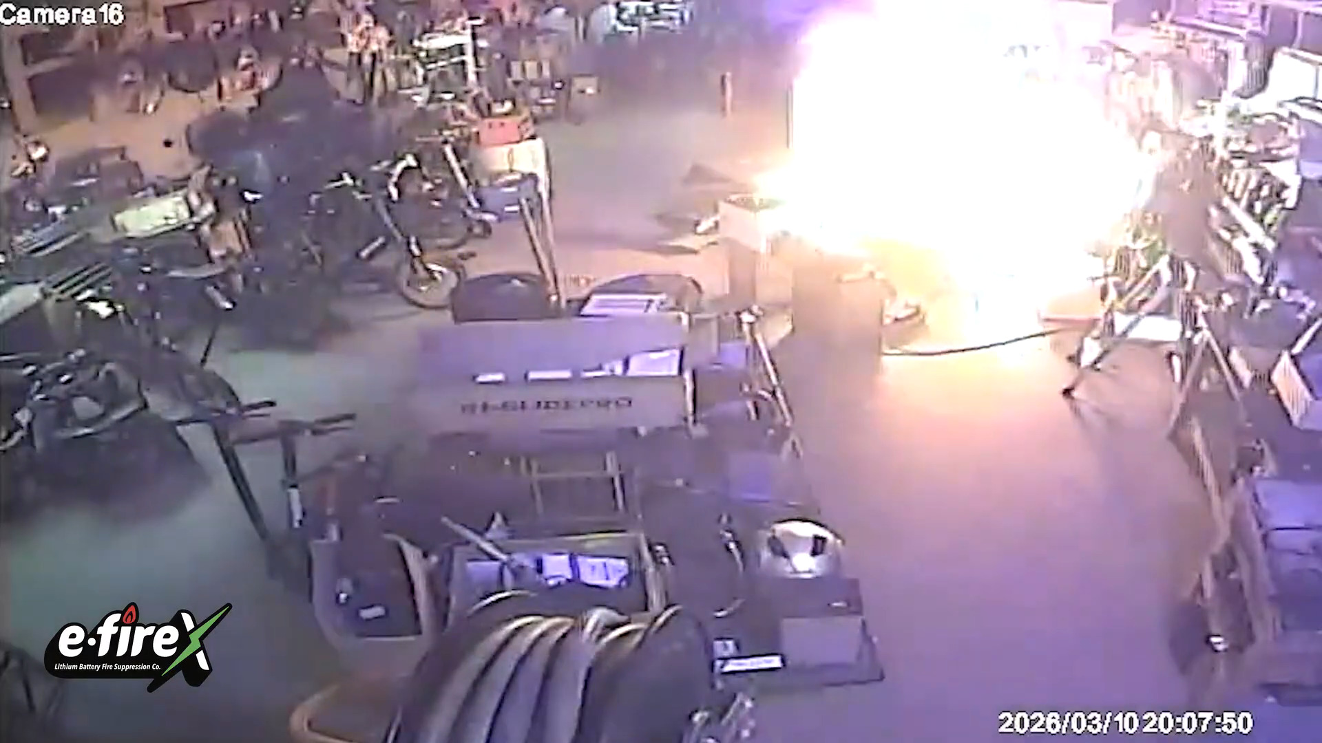Security camera footage from bike storage area showing bright light source and efire branding timestamp