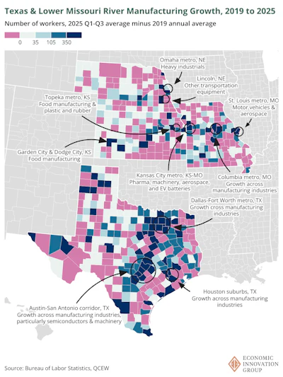 Choropleth map showing manufacturing worker growth by county in Texas and Lower Missouri River region, 2019-2025, with color-coded data and regional industry annotations.