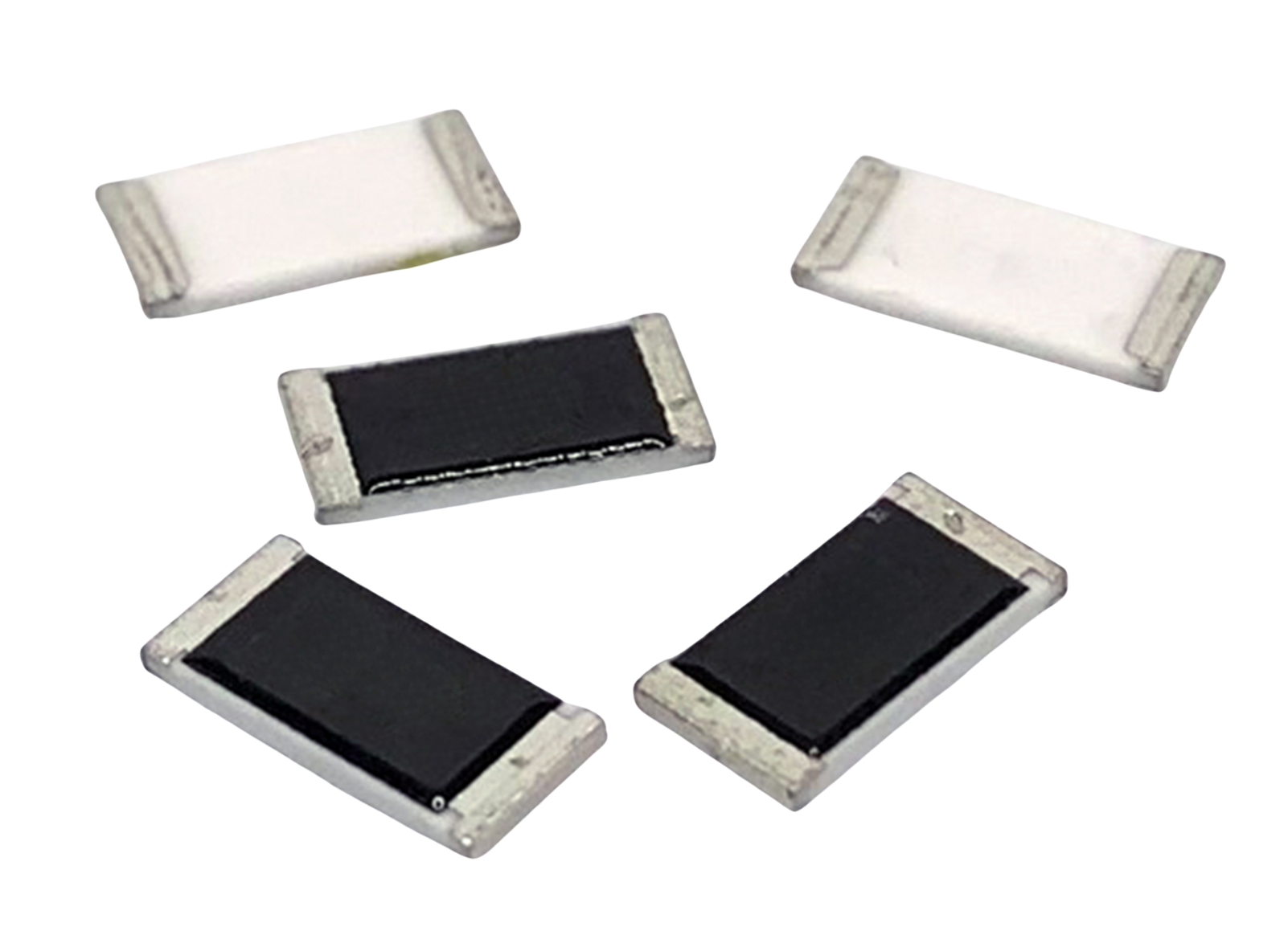 Five surface-mount resistor components with metallic end caps and black or white resistive elements arranged on white background.