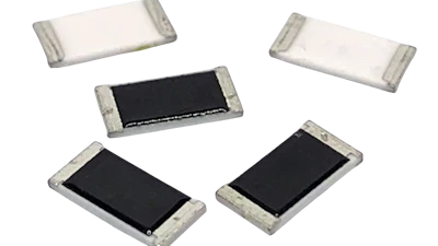 Five surface-mount resistor components with metallic end caps and black or white resistive elements arranged on white background.