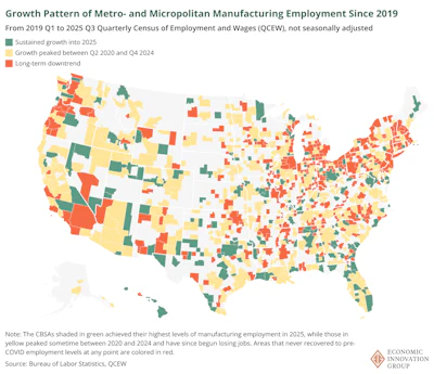 US map showing manufacturing employment growth patterns by metro area from 2019-2025, with green indicating sustained growth, yellow showing peaked growth, and red indicating long-term decline.