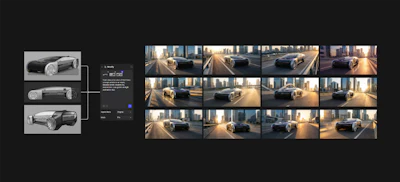 Vehicle design presentation showing technical sketches, control interface, and 12 rendered 3D car visualizations in urban settings