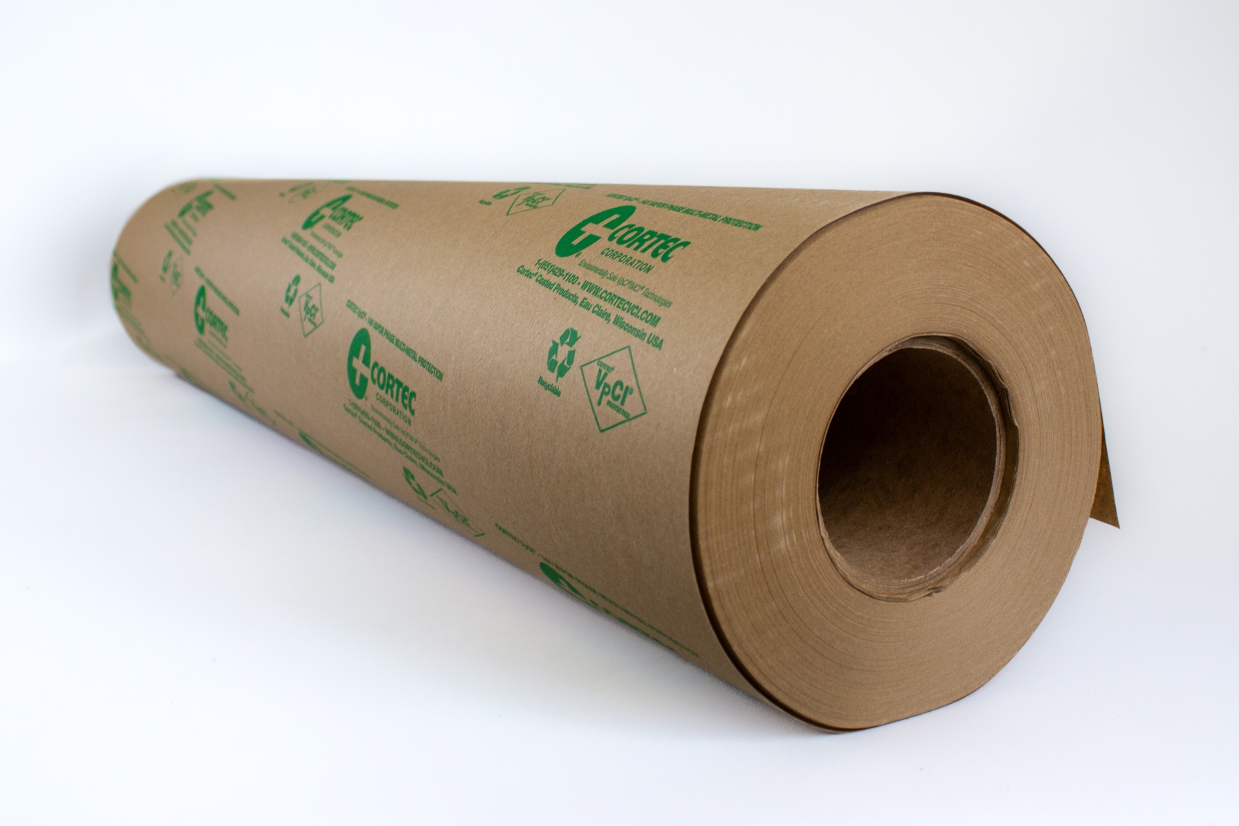 Roll of kraft paper with green eco-friendly branding and recycling symbols printed on surface