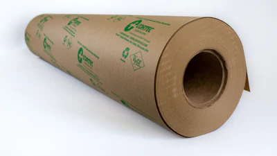 Roll of kraft paper with green eco-friendly branding and recycling symbols printed on surface