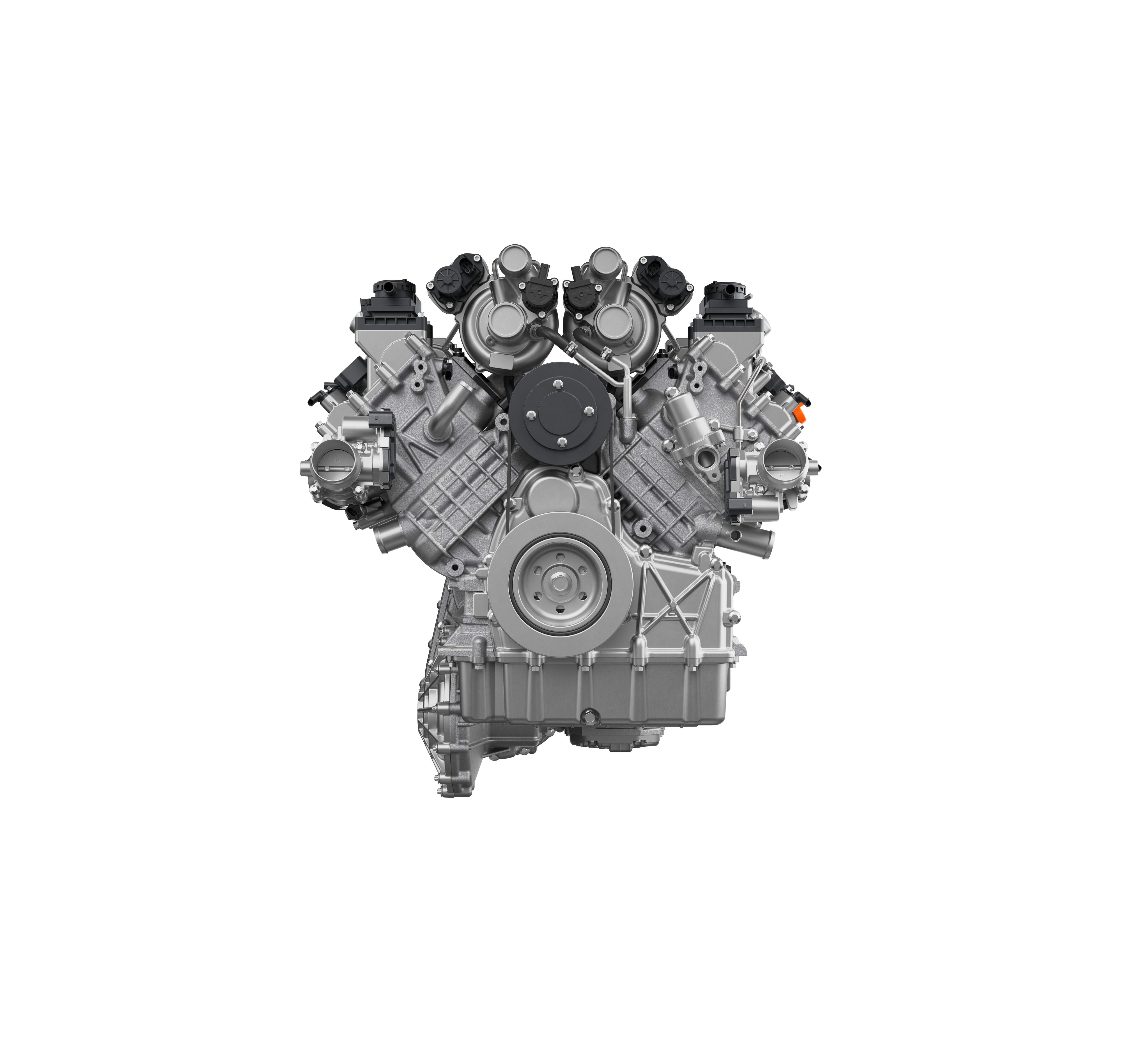 Front view of a symmetrical V-engine with dual overhead cams and four valve covers in grayscale technical illustration