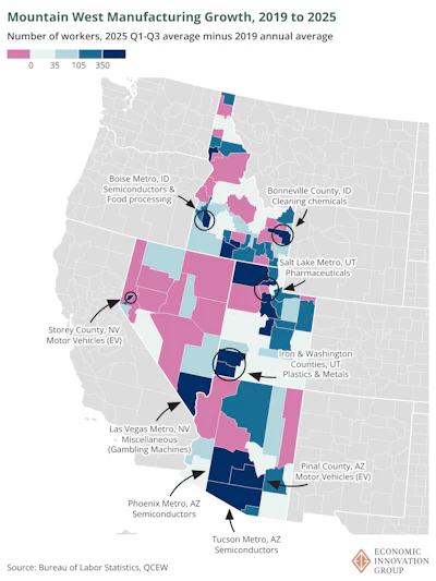 Mountain West manufacturing growth map 2019-2025 showing worker changes by county across Idaho, Nevada, Utah, and Arizona