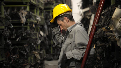 Industrial worker wearing yellow hard hat inspecting machinery in factory setting