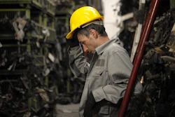 Industrial worker wearing yellow hard hat inspecting machinery in factory setting