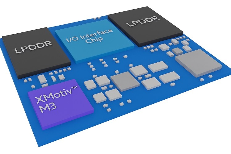 Semiconductor processor module with LPDDR memory, I/O interface chip, and XMotiv M3 processor components on blue circuit board