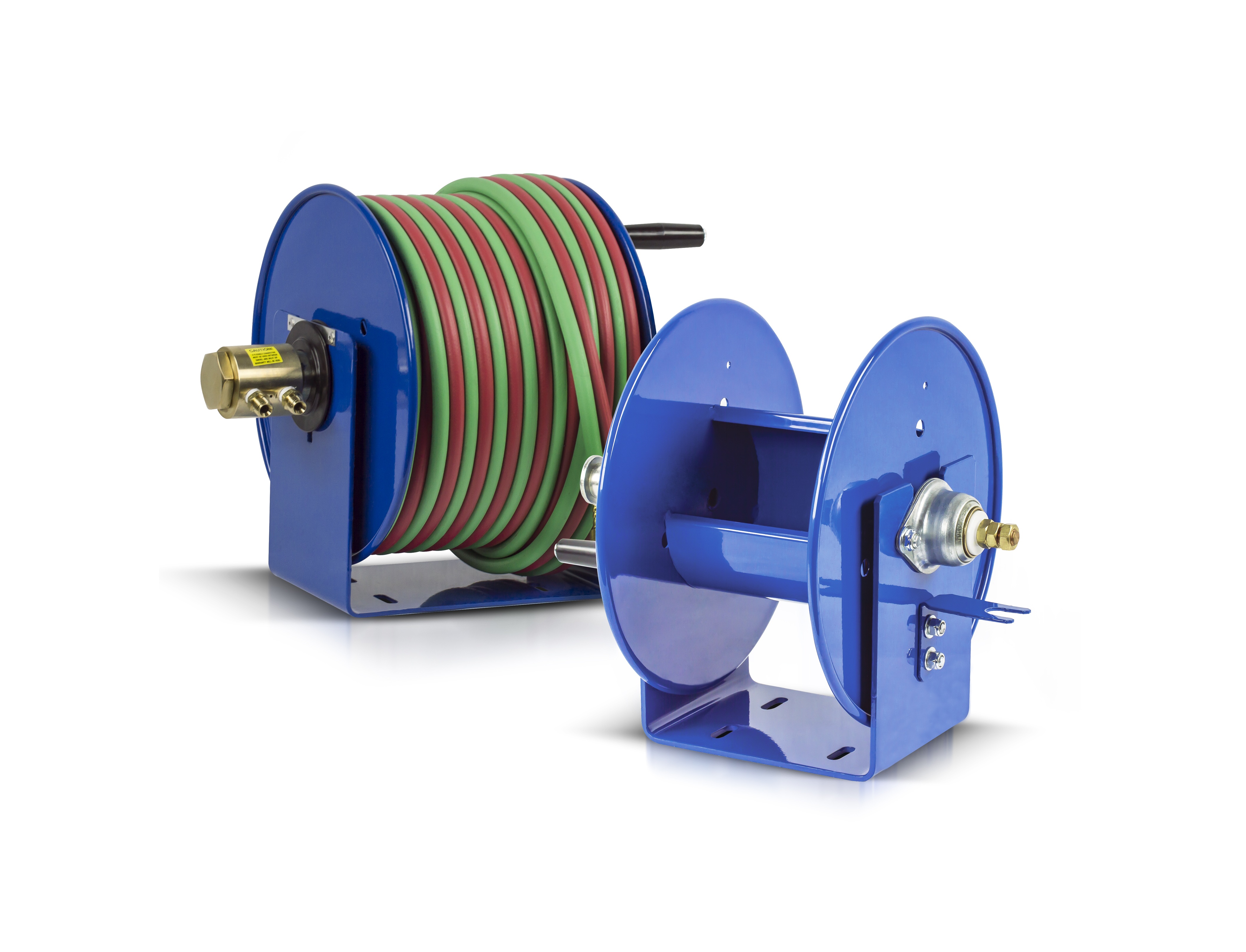 Blue industrial hose reels with coiled green and red hoses for fluid transfer applications