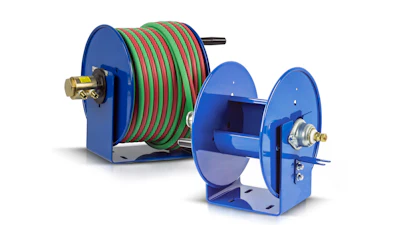 Blue industrial hose reels with coiled green and red hoses for fluid transfer applications