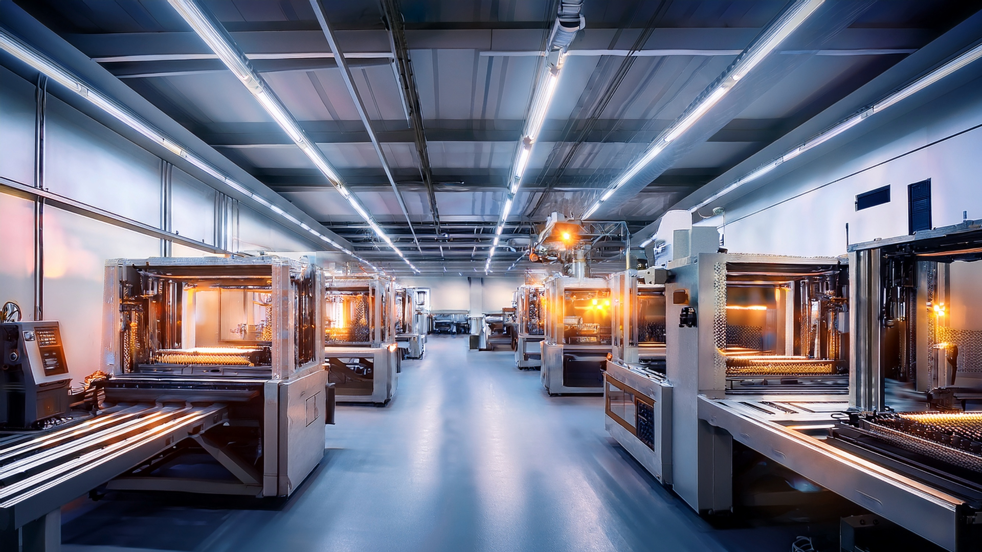 Industrial 3D printing facility with multiple machines under bright LED lighting in a modern warehouse space
