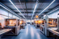 Industrial 3D printing facility with multiple machines under bright LED lighting in a modern warehouse space