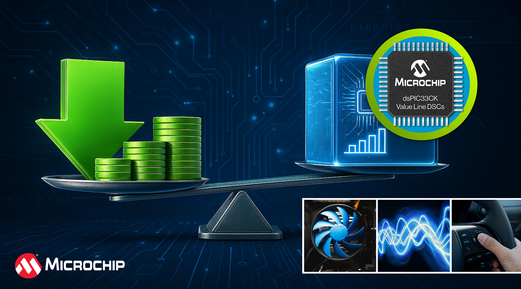 Microchip dsPIC33CK Value Line DSCs balance cost reduction against performance improvement in embedded systems applications.