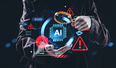 Person holding holographic AI technology interface with warning symbols and error alerts on dark background