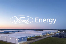 Ford Energy logo displayed over an aerial view of a large modern industrial manufacturing facility at dusk